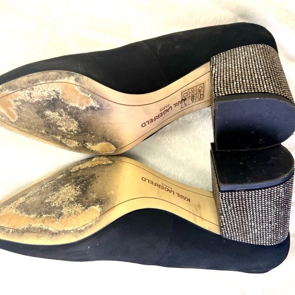 KARL LAGERFELD ADINA Black Suede Rhinestone Block Heels EUC Sz 8.5 - Picture 5 of 5